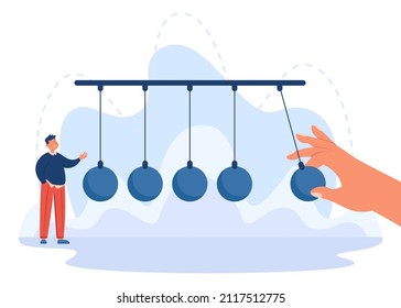 Huge hand and tiny man playing with pendulum. Game symbolizing motivation to work, achieving goals, positive impact, striving for success flat vector illustration. Inertia, momentum force concept