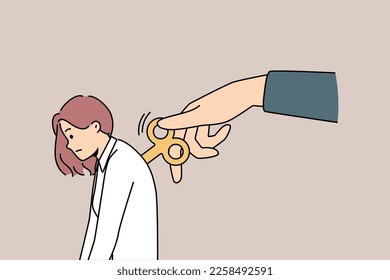 Huge hand wind up key in tired female employee back feeling exhausted. Unhappy woman feel tired and worn out, being started with side help. Vector illustration. 