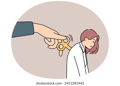 Huge hand wind up key in tired female employee back feeling exhausted. Unhappy woman feel tired and worn out, being started with side help. Vector illustration.