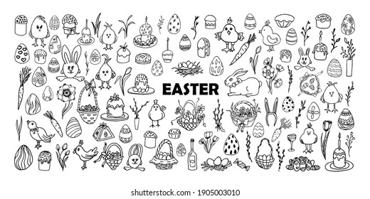 A Huge hand-drawn set on the theme of Easter. Vector doodle collection consists of: Easter eggs, Easter cake, Easter bunnies, willow, flowers, candy,chickens