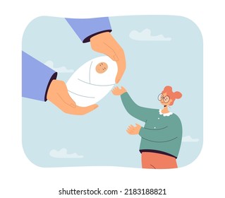 Huge Hands Giving Newborn Baby To Mother. Woman Adopting Child Flat Vector Illustration. Childbirth, Motherhood, Surrogacy Or Adoption Concept For Banner, Website Design Or Landing Web Page