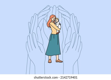 Huge hands help protect young single mother holding baby infant. Society aid and assistance for mom with small kid. Support and protection for mum, motherhood concept. Vector illustration. 