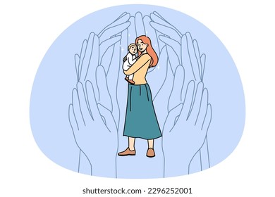 Huge hands help protect young single mother holding baby infant. Society aid and assistance for mom with small kid. Support and protection for mum, motherhood concept. Vector illustration.