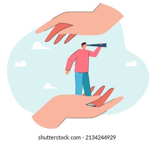 Huge hands holding man searching for career opportunities. Male person with spyglass looking for job or ideas flat vector illustration. Challenge, search, motivation concept for banner, website design