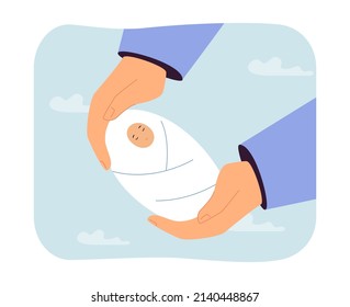 Huge hands holding newborn baby flat vector illustration. Sleeping son, daughter or infant in parents hands. Childbirth, motherhood concept for banner, website design or landing web page