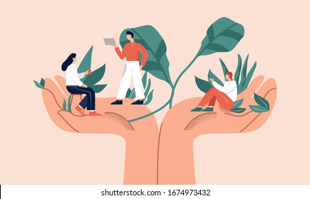 Huge Hands Holding Tiny People Office Workers Vector Flat Illustration. Support Of Professional Growth, Employee Care, Wellbeing At Workplace And Benefits For Personal At Work Concept