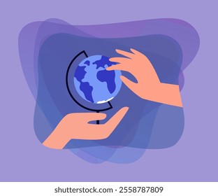 Huge hands holding and turning globe. Hand of person showing continent or choosing place of travel flat vector illustration. Traveling, geography concept for banner, website design or landing web page