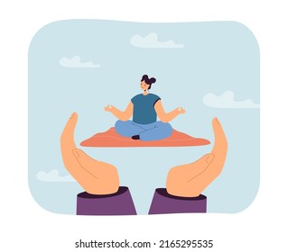 Huge hands holding woman in lotus pose in yoga mat. Girl meditating or practicing yoga flat vector illustration. Health, wellness, relaxation concept for banner, website design or landing web page