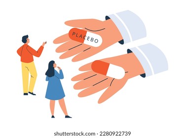 Huge hands suggest pills tiny people flat style, vector illustration isolated on white background. Man and woman choosing, design element, placebo, healthcare