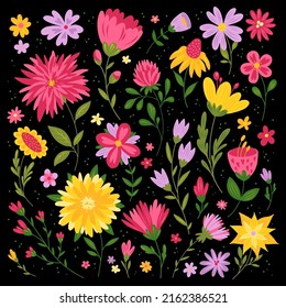 Huge handsketched collection of spring and summer abstract stylized flowers. Modern floral illustration, botanical clipart. Flourish design elements. Spring mood, summer vibe.