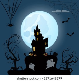 Huge haunted house vector illustration with full moon, spiders, ghosts, bats on background. Halloween, party, celebration concept.