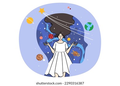Huge head with calm woman inside meditate with mudra hands. Concept of mindfulness in life. Relaxed girl have meditation session, feel mindful and dreamy. Inner world. Vector illustration.