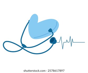 Huge heart with stethoscope and ECG line. Heartbeat line. Heart health awareness concept.
