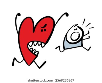 Huge heart with teeth is chasing poor stickman. Vector illustration of a guy escaping from a funny monster. Cute victim of love. Isolated cartoon person on white background.