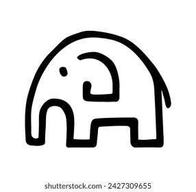 A huge herbivore. Stylized elephant. Frontal view. Logo template for design. Black and white outline illustration in cartoon style. Hand drawn. A simple symbol. Children's drawing of an elephant.