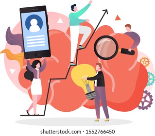 Huge human brain, business people micro male and female characters with light bulb, mobile phone, magnifier, vector illustration. Business startup, idea launching, brainstorm concept.