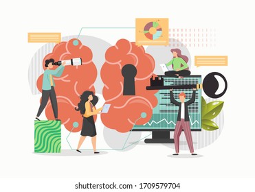 Huge Human Brain With Keyhole, Micro Characters Business People Holding Big Key, Looking Through Telescope, Vector Flat Style Design Illustration. Open Mind With Key Concept.