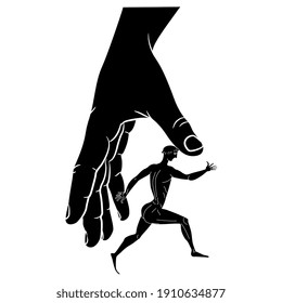 Huge human hand catching running ancient Greek athlete. Creative concept. Black and white silhouette.
