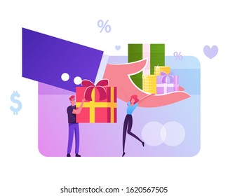 Huge Human Hand Give Gift Box to Male and Female Customer Characters. Festive Sale and Shopping Promotion Offer, Bonus System, People Using Coupon for Buying Presents. Cartoon Flat Vector Illustration