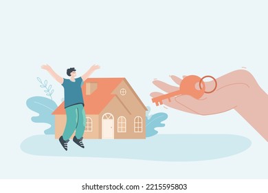 Huge human hand giving key to happy man in front of house. Male character buying house or taking out mortgage loan flat vector illustration. Property, real estate concept for banner or landing page