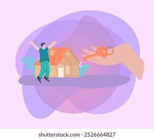 Huge human hand giving key to happy man in front of house. Male character buying house or taking out mortgage loan flat vector illustration. Property, real estate concept for banner or landing page