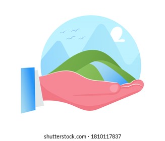 Huge Human Hand Holding Piece of Nature Landscape, Green Hills with River under Blue Cloudy Sky on Male Palm. Abstract Character with World on Hand, Save Planet, Peace. Cartoon Vector Illustration