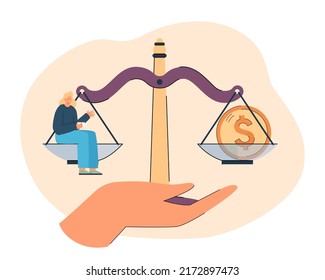 Huge Human Hand Holding Scales With Tiny Employee And Gold Coin. Balance Between Worker And Money Flat Vector Illustration. Comparison, Dilemma, Workforce, Finances, Investment Concept For Banner