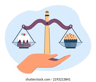 Huge human hand holding scales with delicious desserts. Balance between muffin and pudding flat vector illustration. Food, diet, comparison concept for banner, website design or landing web page