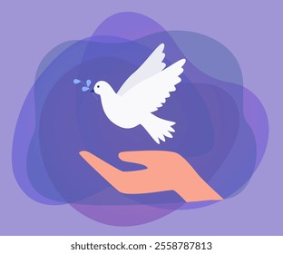 Huge human hand and white dove with olive branch flying. Bird as symbol of hope, love and peace flat vector illustration. Peace, freedom concept for banner, website design or landing web page