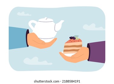 Huge human hands holding teapot and piece of cake. Tea and sweet snack for cafe or restaurant menu flat vector illustration. Tea party, food, desserts concept for banner or landing web page