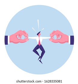 Huge Human Hands Pulling Businessman by Arms at Opposite Sides. Deadline, Working Overload Situation, Wanted High Quality Professional Specialist Busy at Work Concept. Cartoon Flat Vector Illustration