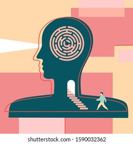 Huge human head with maze and entrance with stairs and abstract background. Tiny man on the way of understanding and knowing himself. Psychotherapy, self care, self-knowledge, mental health concept.