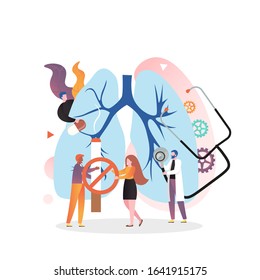 Huge human lungs, micro characters doctors with stethoscope, pills, no smoking sign, vector illustration. Respiratory examination and treatment, pulmonology, lung health checkup concept.