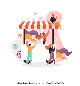 Huge ice cream cart and micro male and female characters eating icecream, vector illustration. Amusement park street trolley with sweet frozen food composition for web banner, website page etc.