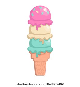 Huge ice cream cone. Big sweet waffle cone. chocolate, strawberry, cream ice cream.Isolated on a white background.