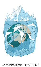 Huge iceberg with frozen planet inside of it.