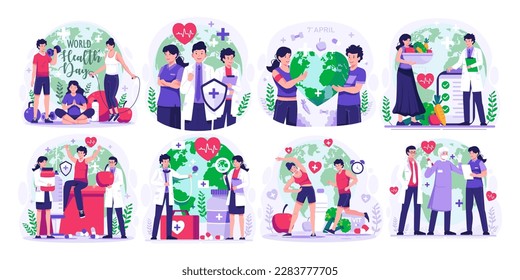 Huge Illustration Set of World Health Day concept with Group of staff medical doctors and nurses, people living healthy activity, person jogging, cycling, yoga. vector illustration