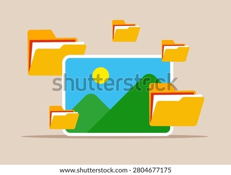 Huge Image album symbol with many small folders. Organizing file and document in database. Flat style vector illustration