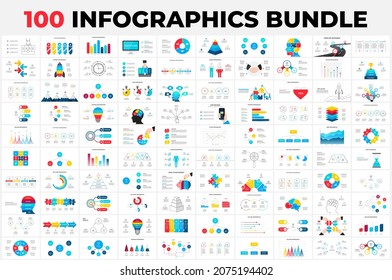 Huge Infographics Bundle. 100 presentation slide templates - timelines, puzzle, education, arrows, doodle, illustrations and charts. Bestsellers collection.