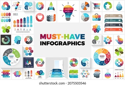 Huge Infographics Bundle - includes presentation templates, such as diagrams, charts, timelines, arrows, puzzle elements, creative thinking illustrations etc. Best for business, marketing, education.