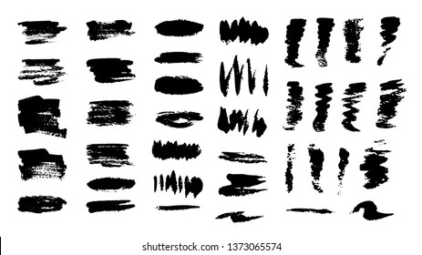 Huge ink texture collection. Acrylic paint brush stroke, messy texture, grungy backdrop. Artistic design elements for any purpose. Vector illustration isolated on white background.