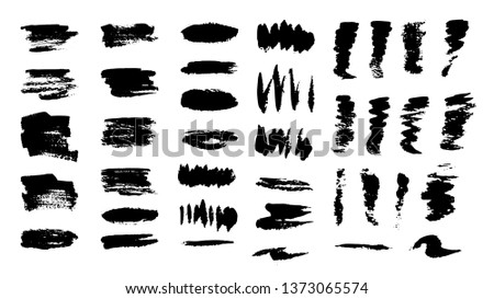 Huge ink texture collection. Acrylic paint brush stroke, messy texture, grungy backdrop. Artistic design elements for any purpose. Vector illustration isolated on white background.