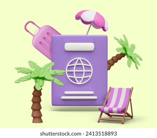 Huge international passport with globe on cover, palm trees, suitcase, beach umbrella, folding chair. Tourist trips to tropical countries. Rest at resort near sea, ocean