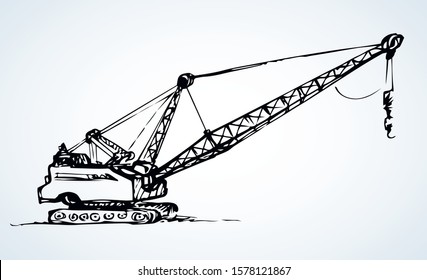 Huge iron bulldozer truck. White sky text space. Line black ink hand drawn big carbon soil lignite dredger giant tractor plant factory logo sign in modern art doodle sketch cartoon graphic print style