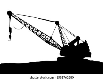 Huge iron bulldozer truck. White sky text space. Line black ink hand drawn big carbon soil lignite dredger giant tractor plant factory logo sign in modern art contoursketch cartoon graphic print style