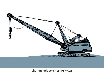 Huge iron bulldozer truck. White sky text space. Line black ink hand drawn big carbon soil lignite dredger giant tractor plant factory logo sign in modern art doodle sketch cartoon graphic print style