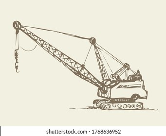 Huge iron bulldozer truck. White sky text space. Line black ink hand drawn big carbon soil lignite dredger giant tractor plant factory logo sign in modern art doodle sketch cartoon graphic print style