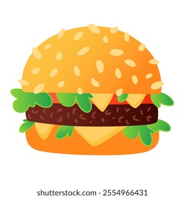 Huge juicy and tasty burger. Soft burger bun with sesame seeds, greens, cheese and juicy thick cutlet. Concept of fast food, guilty pleasure, very tasty food, street snack. Vector flat illustration