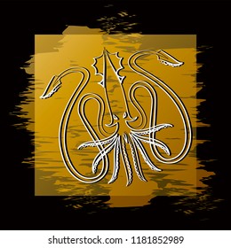 Huge kraken on a yellow background. Mythical animal. Element of graphic design for printing on paper or textiles. Vector illustration.