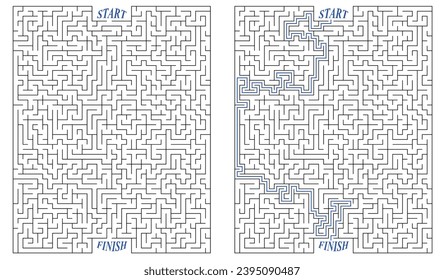 Huge labyrinth of high complexity with solution. Black and white complex maze with very high level of difficulty. Nice brainstorm puzzle for clever pupils or students.